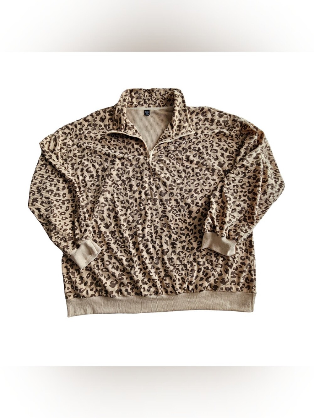 Womens 3XL Corduroy Leopard Print Quarter-Zip Pullover Sweatshirt